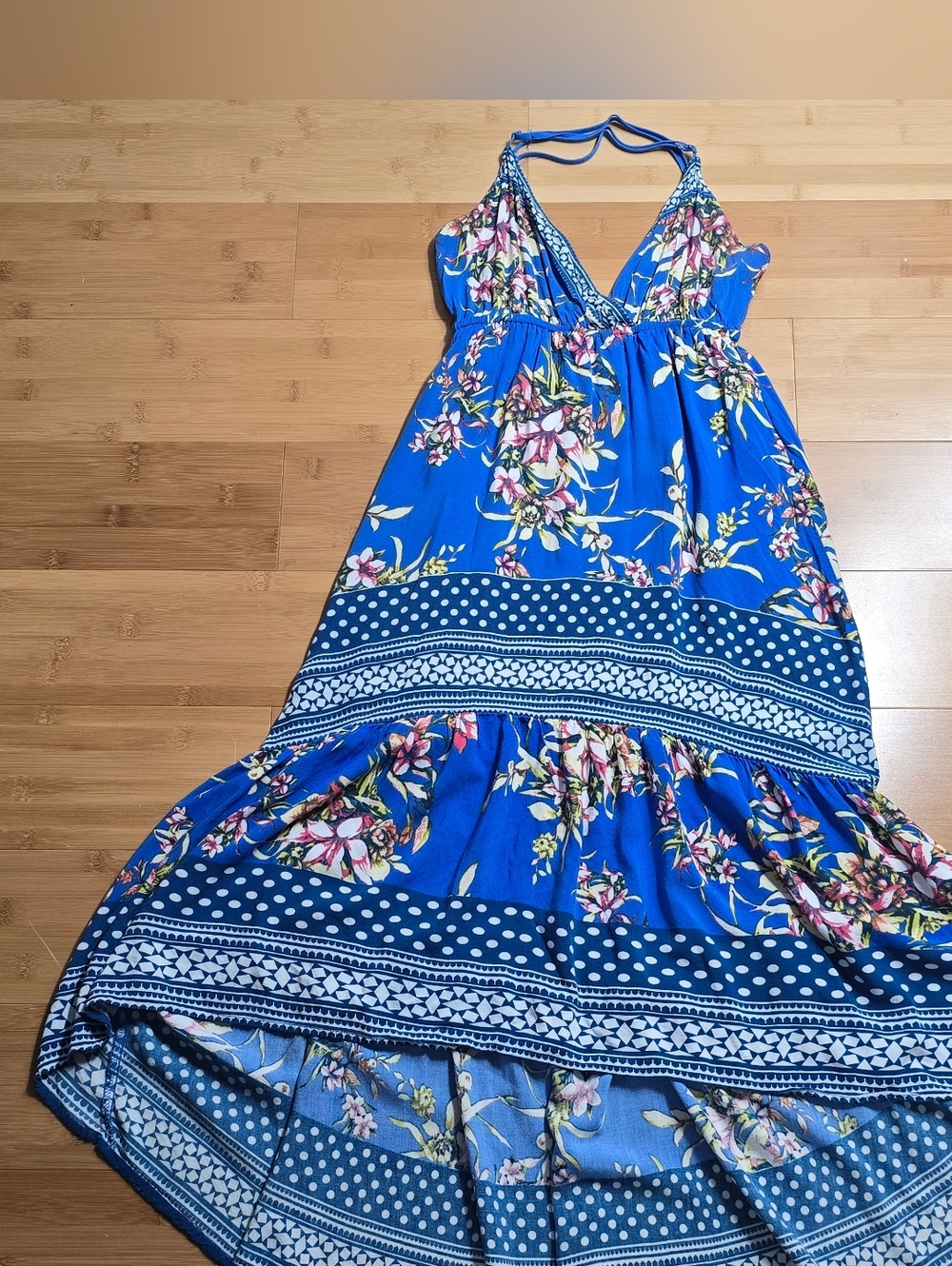 Jealous Tomato Floral Mix Boho High Low Midi Halter Neck Polkadot Summer Dress S